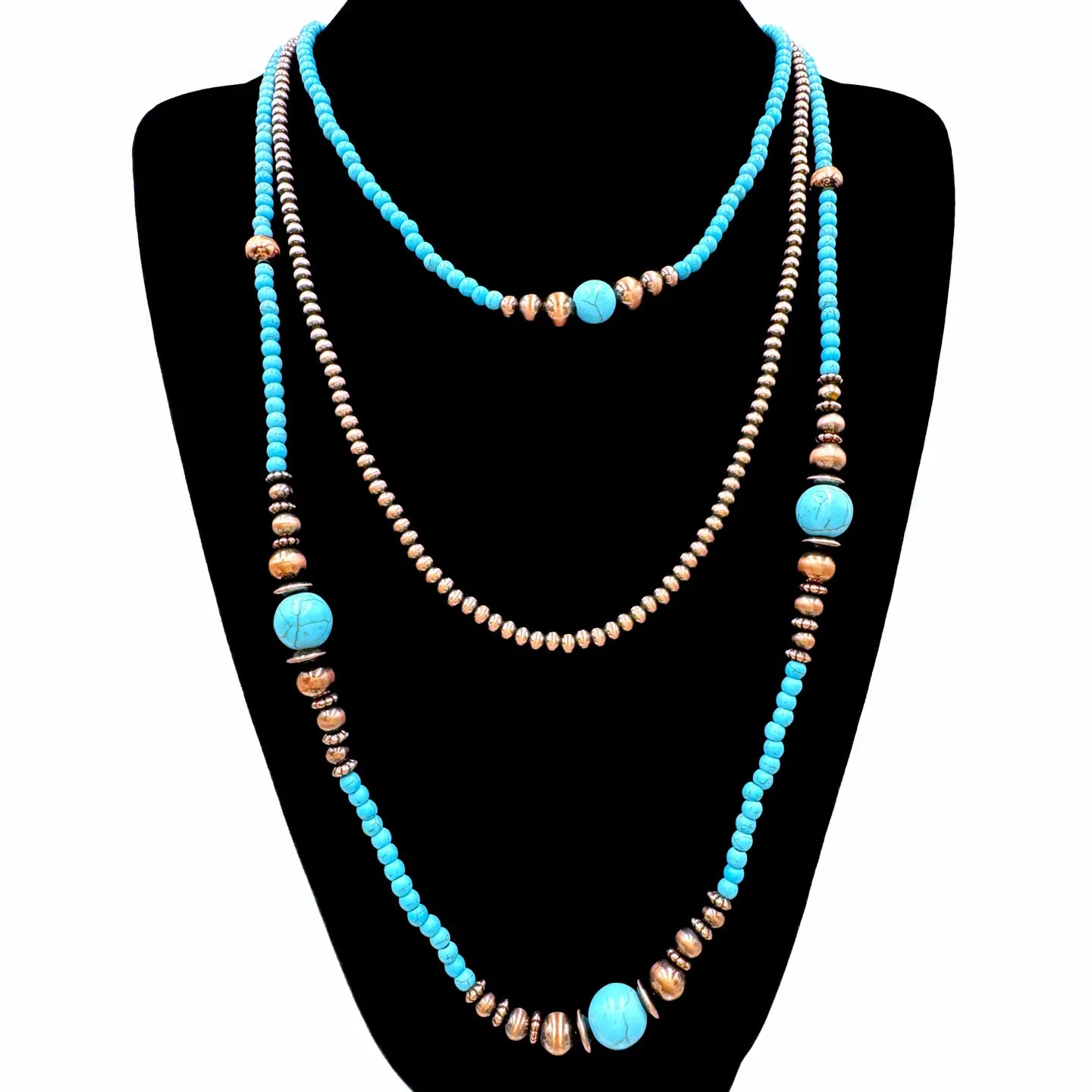 Three Strand Turquoise Stone Beads Navajo Long Necklace