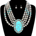 Large Stone Turquoise Bead Pearl Chunky Necklace